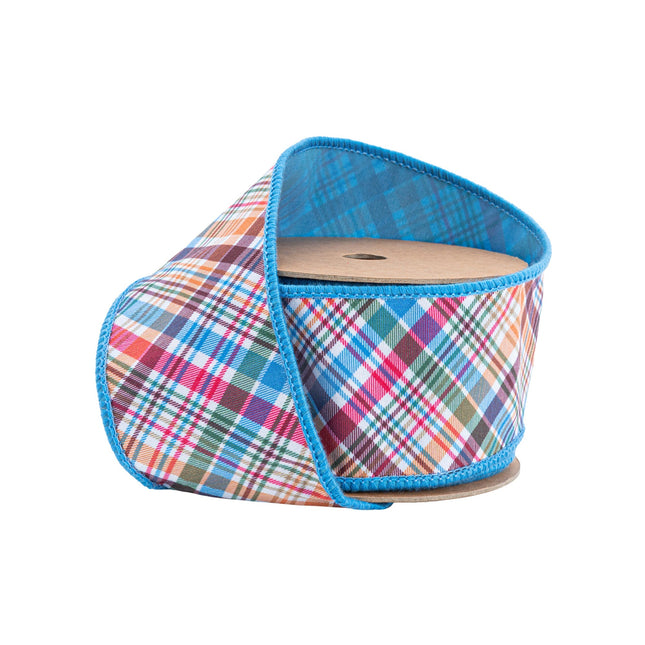 2 1/2" Wired Ribbon | Earth Tone Plaid Bias Cut w/ Blue Backing | 10 Yard Roll LaRibbons Wholesale