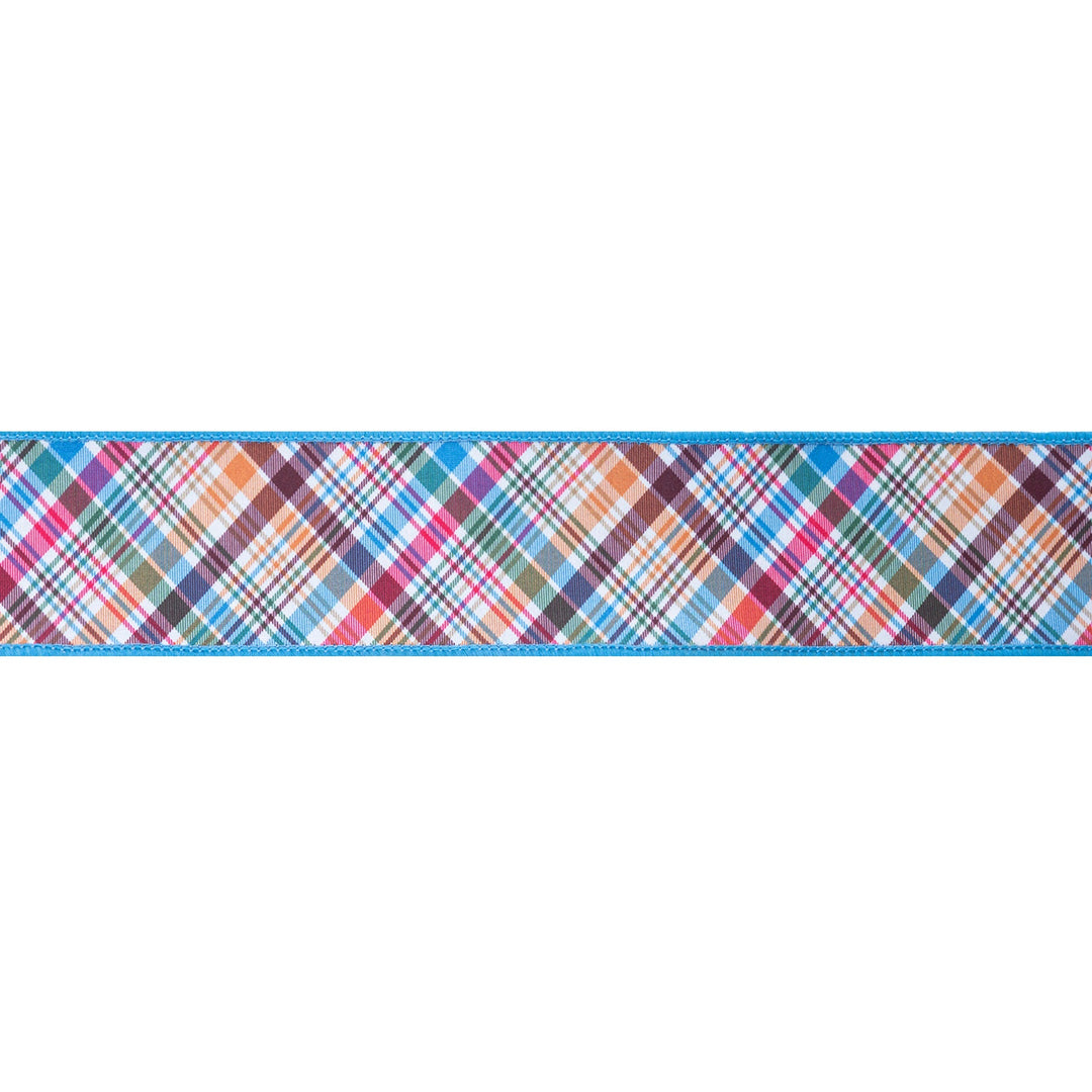 2 1/2" Wired Ribbon | Earth Tone Plaid Bias Cut w/ Blue Backing | 10 Yard Roll