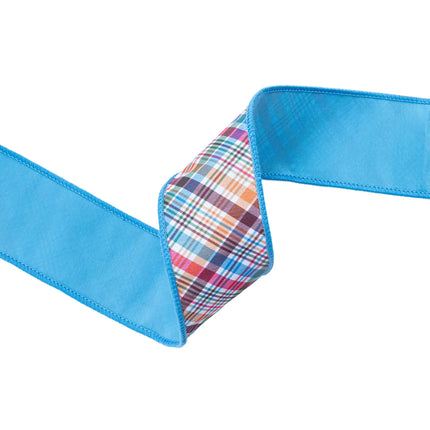Vibrant earth tone bias plaid wired ribbon with blue backing, perfect for craft baskets