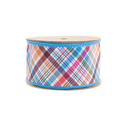 Earth-tone plaid bias-cut wired ribbon paired with blue reverse, great for farmhouse garlands