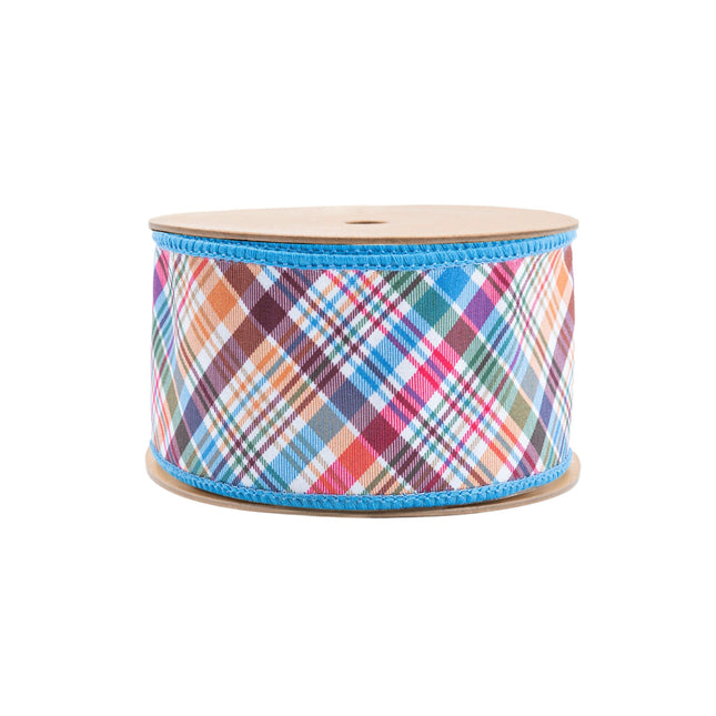 2 1/2" Wired Ribbon | Earth Tone Plaid Bias Cut w/ Blue Backing | 10 Yard Roll LaRibbons Wholesale