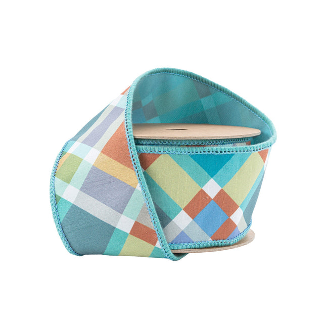 2 1/2" Wired Ribbon | Multi Plaid Bias Cut w/ Blue Backing | 10 Yard Roll LaRibbons Wholesale