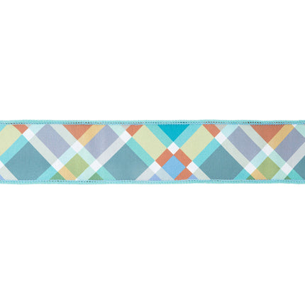 2 1/2" Wired Ribbon | Multi Plaid Bias Cut w/ Blue Backing | 10 Yard Roll LaRibbons Wholesale