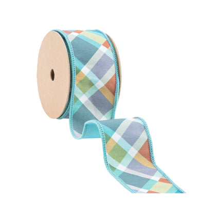 2 1/2" Wired Ribbon | Multi Plaid Bias Cut w/ Blue Backing | 10 Yard Roll LaRibbons Wholesale
