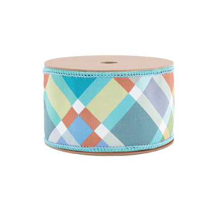 2 1/2" Wired Ribbon | Multi Plaid Bias Cut w/ Blue Backing | 10 Yard Roll LaRibbons Wholesale