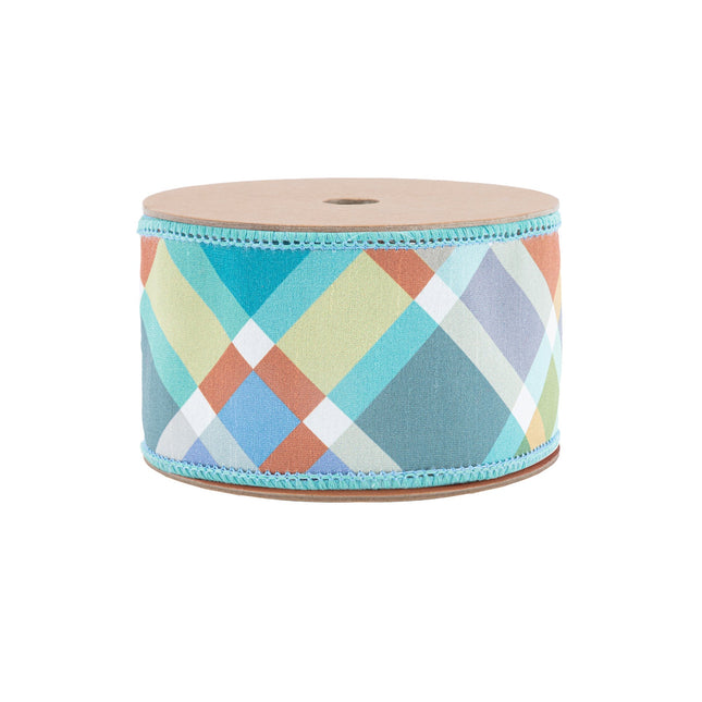 2 1/2" Wired Ribbon | Multi Plaid Bias Cut w/ Blue Backing | 10 Yard Roll LaRibbons Wholesale
