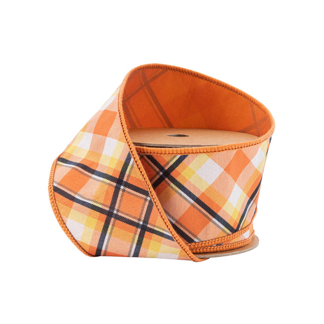 2 1/2" Wired Ribbon | Halloween Plaid Bias Cut w/ Orange Backing | 10 Yard Roll LaRibbons Wholesale