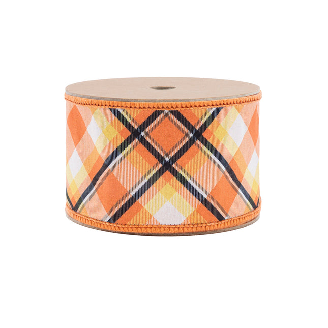 2 1/2" Wired Ribbon | Halloween Plaid Bias Cut w/ Orange Backing | 10 Yard Roll LaRibbons Wholesale