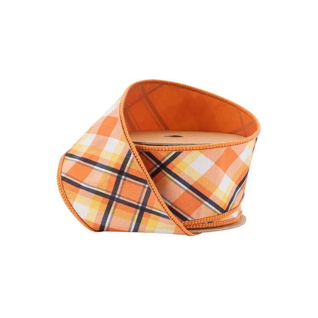 2 1/2" Wired Ribbon | Halloween Plaid Bias Cut w/ Orange Backing | 10 Yard Roll LaRibbons Wholesale