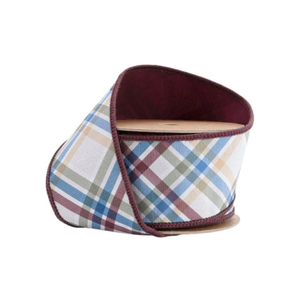 Green/brown/blue plaid (bias cut) wired ribbon (brown backing) — for farmhouse gift baskets.