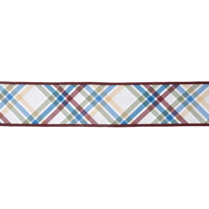 Bias-cut green/brown/blue plaid wired ribbon (brown backing) — for picnic decor.