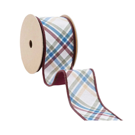 Wired ribbon: green/brown/blue plaid (bias cut) + brown backing — for wedding favor wraps.