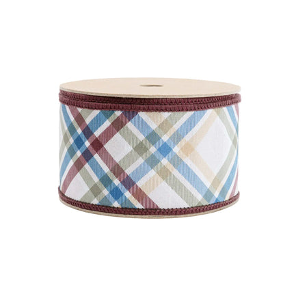 Bias-cut green/brown/blue plaid wired ribbon (brown back) — for fall garlands.