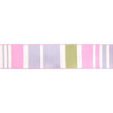 4" Wired Dupioni Ribbon | Green/Pink/Purple Large Horizontal Stripe with Pink Gingham Backing | 10 Yard Roll LaRibbons and Crafts