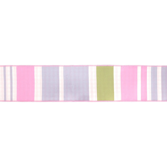 4" Wired Dupioni Ribbon | Green/Pink/Purple Large Horizontal Stripe with Pink Gingham Backing | 10 Yard Roll LaRibbons and Crafts