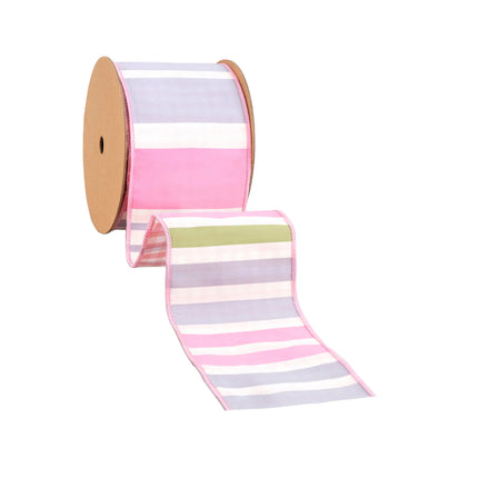 4" Wired Dupioni Ribbon | Green/Pink/Purple Large Horizontal Stripe with Pink Gingham Backing | 10 Yard Roll LaRibbons and Crafts