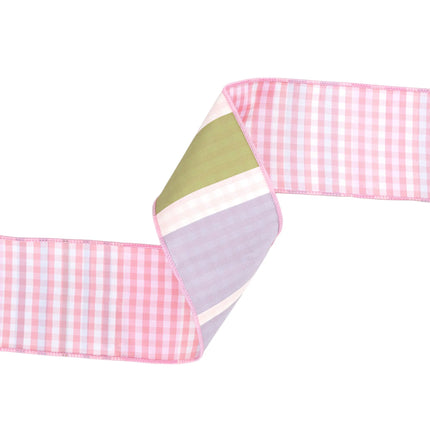 4" Wired Dupioni Ribbon | Green/Pink/Purple Large Horizontal Stripe with Pink Gingham Backing | 10 Yard Roll LaRibbons and Crafts