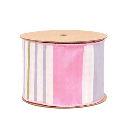 4" Wired Dupioni Ribbon | Green/Pink/Purple Large Horizontal Stripe with Pink Gingham Backing | 10 Yard Roll LaRibbons and Crafts