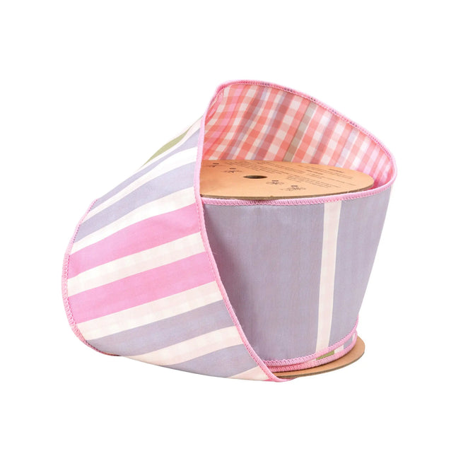 4" Wired Dupioni Ribbon | Green/Pink/Purple Large Horizontal Stripe with Pink Gingham Backing | 10 Yard Roll LaRibbons and Crafts