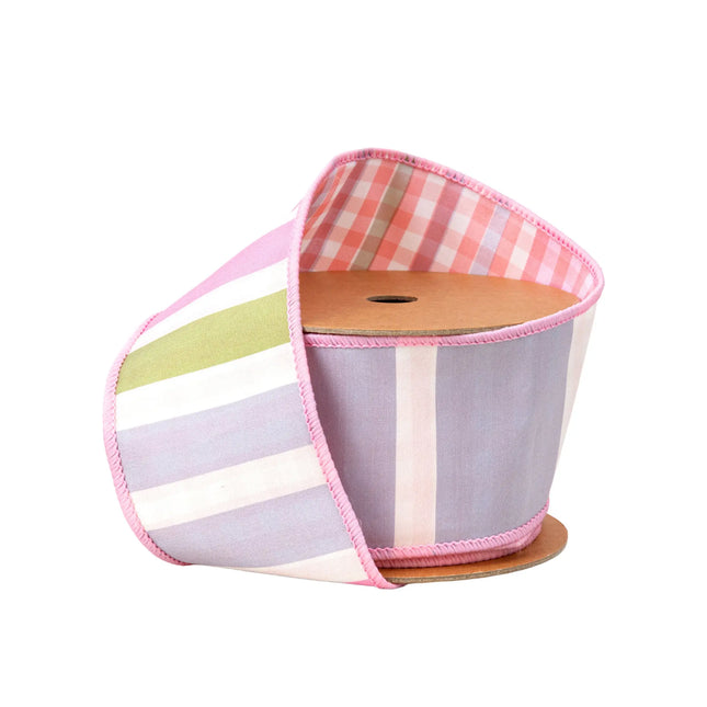 2 1/2" Wired Dupioni Ribbon | Green/Pink/Purple Large Horizontal Stripe with Pink Gingham Backing | 10 Yard Roll LaRibbons and Crafts