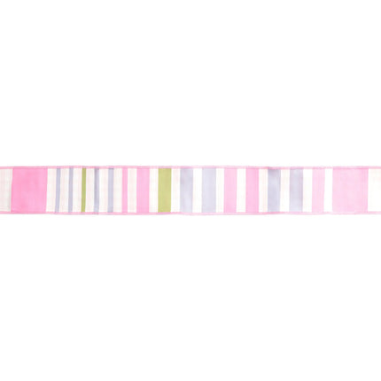 2 1/2" Wired Dupioni Ribbon | Green/Pink/Purple Large Horizontal Stripe with Pink Gingham Backing | 10 Yard Roll LaRibbons and Crafts