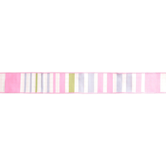 2 1/2" Wired Dupioni Ribbon | Green/Pink/Purple Large Horizontal Stripe with Pink Gingham Backing | 10 Yard Roll LaRibbons and Crafts