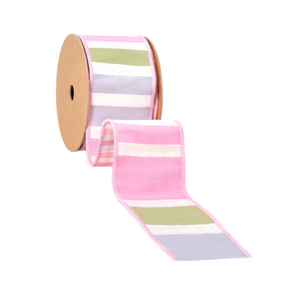 2 1/2" Wired Dupioni Ribbon | Green/Pink/Purple Large Horizontal Stripe with Pink Gingham Backing | 10 Yard Roll LaRibbons and Crafts