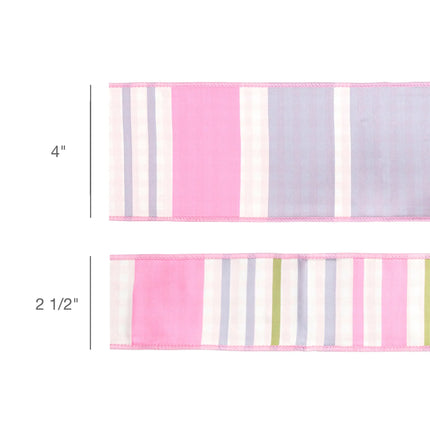 2 1/2" Wired Dupioni Ribbon | Green/Pink/Purple Large Horizontal Stripe with Pink Gingham Backing | 10 Yard Roll LaRibbons and Crafts