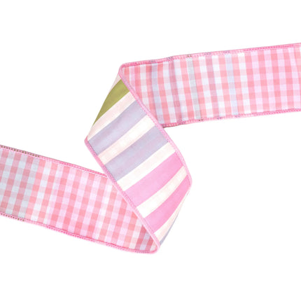 2 1/2" Wired Dupioni Ribbon | Green/Pink/Purple Large Horizontal Stripe with Pink Gingham Backing | 10 Yard Roll LaRibbons and Crafts