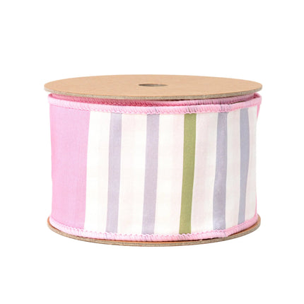 2 1/2" Wired Dupioni Ribbon | Green/Pink/Purple Large Horizontal Stripe with Pink Gingham Backing | 10 Yard Roll LaRibbons and Crafts