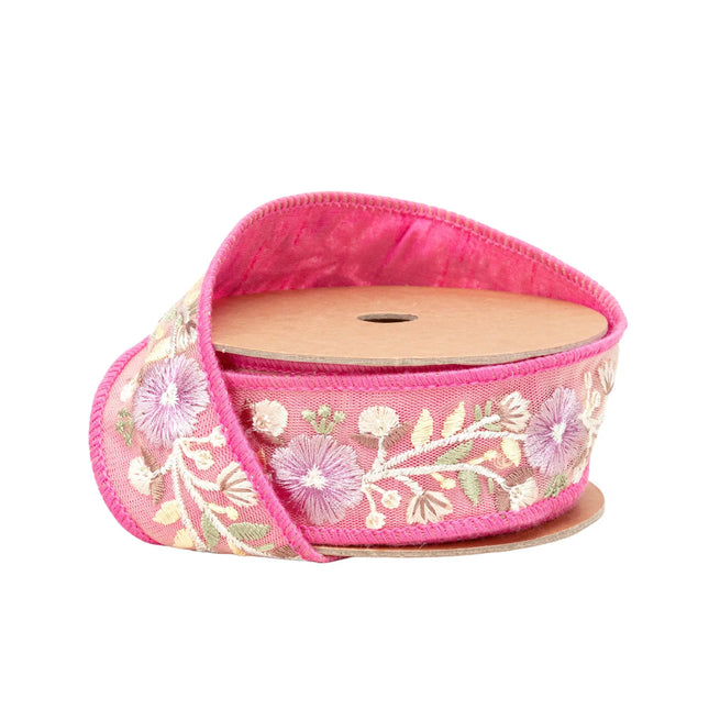 1 1/2" Wired Dupioni Ribbon | Pink Flower Trim | 5 Yard Roll LaRibbons and Crafts