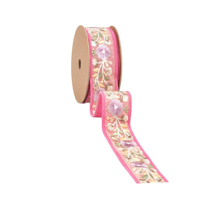 1 1/2" Wired Dupioni Ribbon | Pink Flower Trim | 5 Yard Roll LaRibbons and Crafts