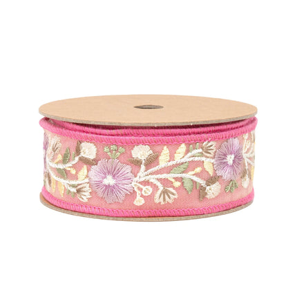 1 1/2" Wired Dupioni Ribbon | Pink Flower Trim | 5 Yard Roll LaRibbons and Crafts
