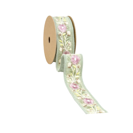 1 1/2" Wired Dupioni Ribbon | Green Flower Trim | 5 Yard Roll LaRibbons and Crafts