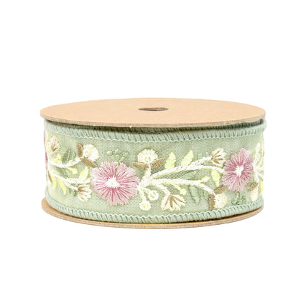 1 1/2" Wired Dupioni Ribbon | Green Flower Trim | 5 Yard Roll LaRibbons and Crafts