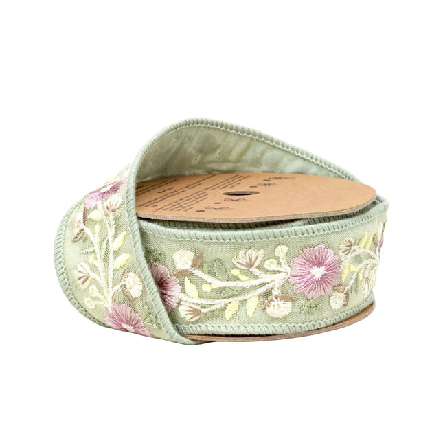 1 1/2" Wired Dupioni Ribbon | Green Flower Trim | 5 Yard Roll LaRibbons and Crafts