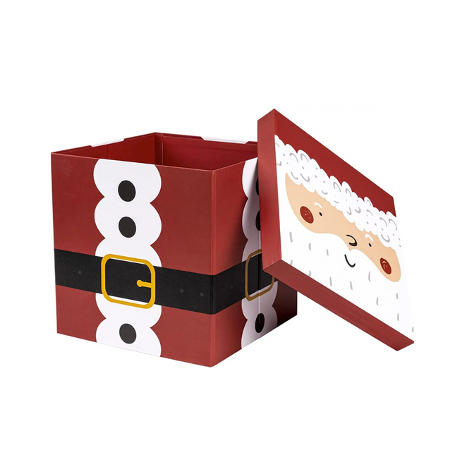 9" x 9" x 9" Collapsable Holiday Gift Box w/ 2-pcs White Tissue Paper & Removable Lid | Santa