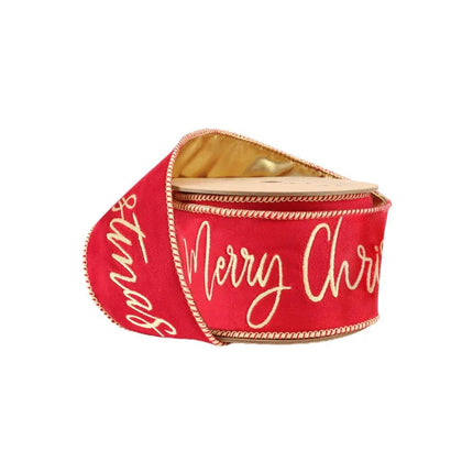 2 1/2" Embroidery Velvet | Red Merry Christmas w/ Gold Backing | 5 Yard Roll LaRibbons and Crafts