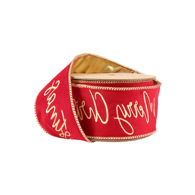 2 1/2" Embroidery Velvet | Red Merry Christmas w/ Gold Backing | 5 Yard Roll LaRibbons and Crafts