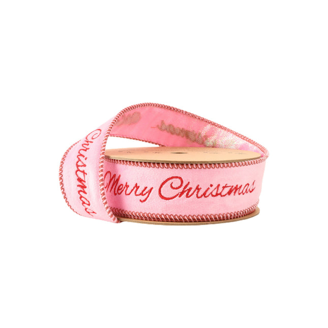 1 1/2" Embroidery Velvet | Merry Christmas w/ Pink Backing | 5 Yard Roll LaRibbons and Crafts