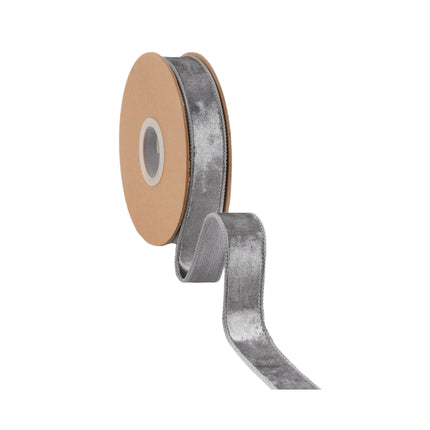 Luxurious silver wired velvet ribbon, 1" wide, offering a plush, metallic sheen for versatile festive use.
