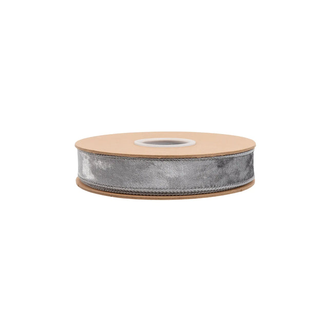 Premium silver velvet wired ribbon, 1-inch width, with classic heritage texture for timeless crafting projects.