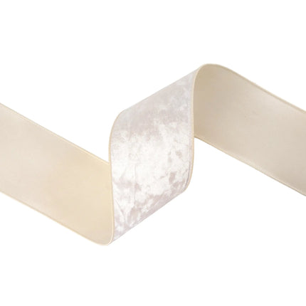 Luxurious ivory wired velvet ribbon, 4" wide, offering a creamy velvety finish for sophisticated projects.