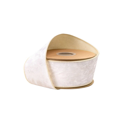 2 1/2" wired heritage velvet ribbon in soft ivory, ideal for elegant gift wrapping and timeless decor accents.