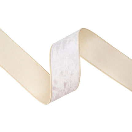 2 1/2" ivory heritage velvet ribbon with sturdy wired trim, great for adding soft, neutral charm to gifts and decor.