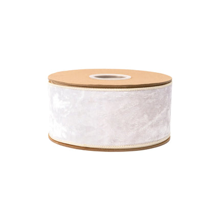 Premium ivory velvet wired ribbon, 2.5-inch width, with plush texture for structured bows and crafts.