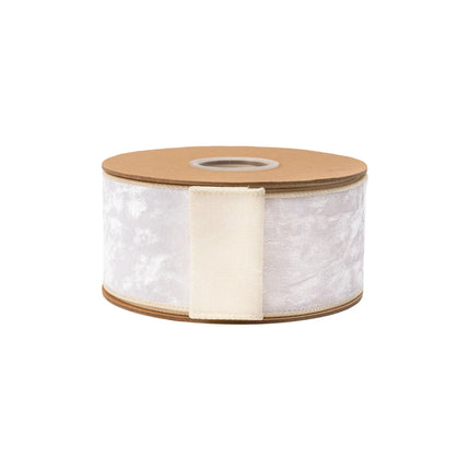 2 1/2-inch ivory heritage velvet ribbon with wired edges, perfect for wreaths and wedding decor arrangements.