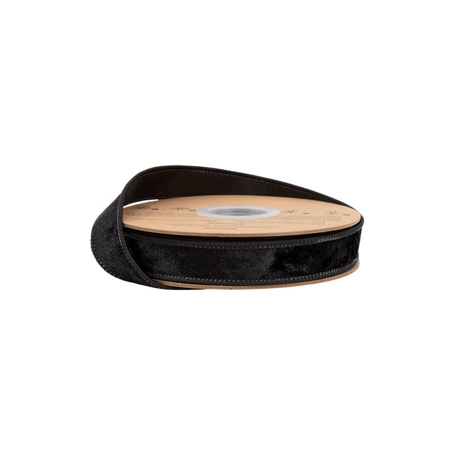1" wired heritage velvet ribbon in classic black, ideal for elegant gift wrapping and moody decor accents.
