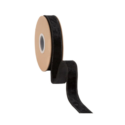 1-inch black heritage velvet ribbon with wired edges, perfect for wreaths and seasonal arrangements.