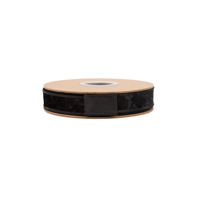 Premium black velvet wired ribbon, 1-inch width, with plush texture for structured bows and crafts.